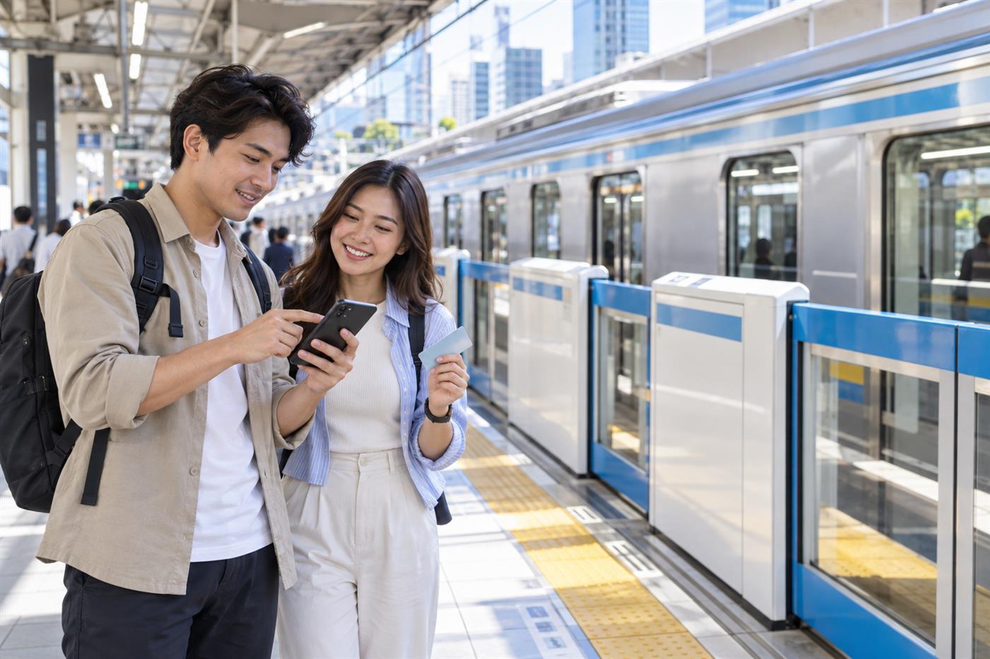 นักท่องเที่ยวไทยใช้โทรศัพท์และบัตรโดยสารเดินทางด้วยรถไฟในญี่ปุ่น