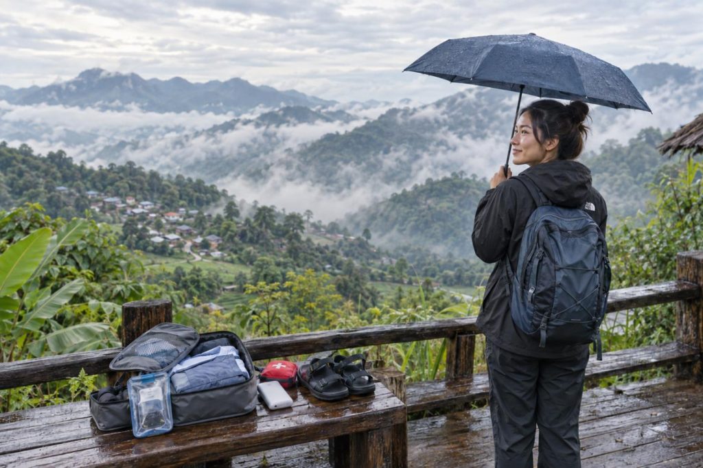นักท่องเที่ยวหญิงสวมเสื้อ THE NORTH FACE Antora Jacket สีดำ เตรียมเที่ยวหน้าฝนบนภูเขา