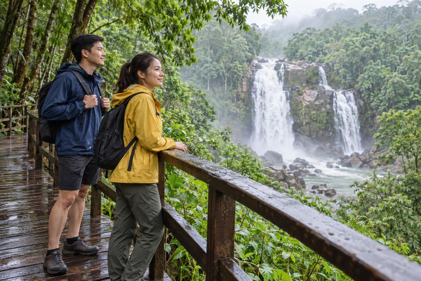 นักท่องเที่ยวสวมเสื้อกันฝนยืนบนจุดชมวิวน้ำตกที่มีราวกั้น