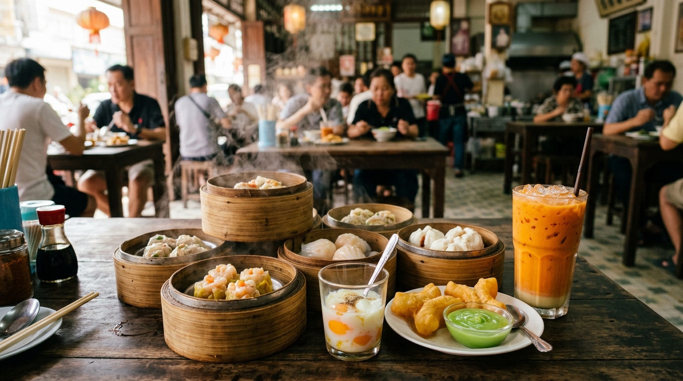 ชุดอาหารเช้าติ่มซำนึ่งสด ไข่ลวก และชาไทยเย็น ร้านดังพิษณุโลก