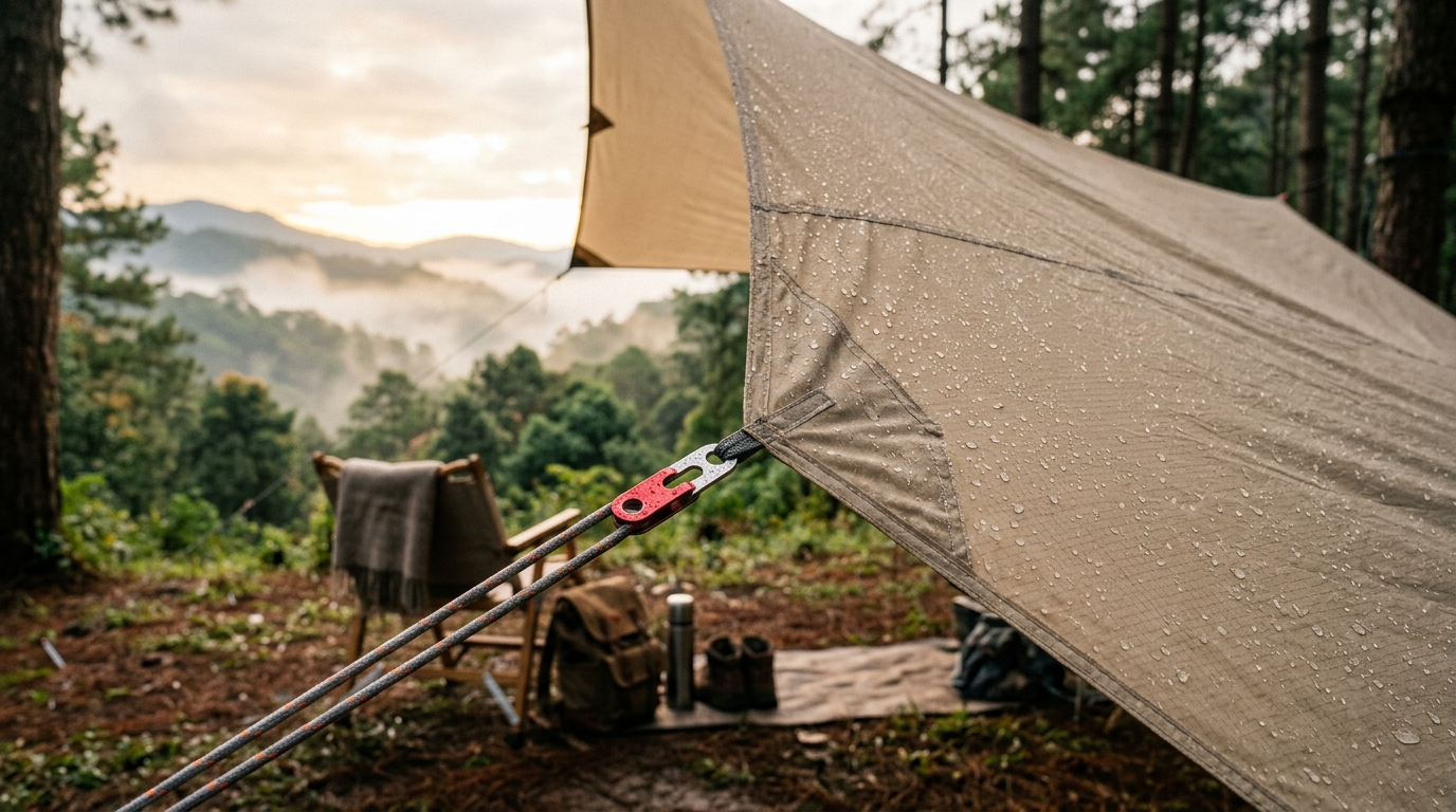 ฟลายชีท Mobi Garden Camping Tarp สีทรายกางกันน้ำค้างและกันแดดกลางลานสนบนดอย